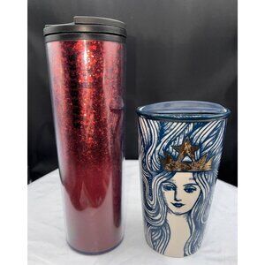 2-Starbucks Tumbler Christmas RED GLITTER/ Black LID 16 oz 2016 Gold Crown 12oz